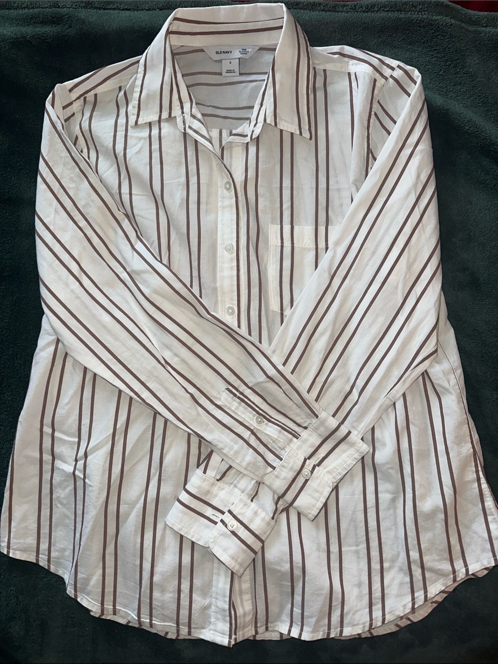 Old Navy White Button-Up Shirt with Brown Vertical Stripes